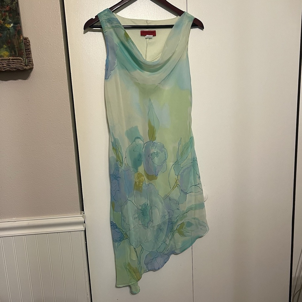 Alyn Paige Vintage Y2K Asymmetrical Chiffon Watercolor Floral Cowl Neck Dress